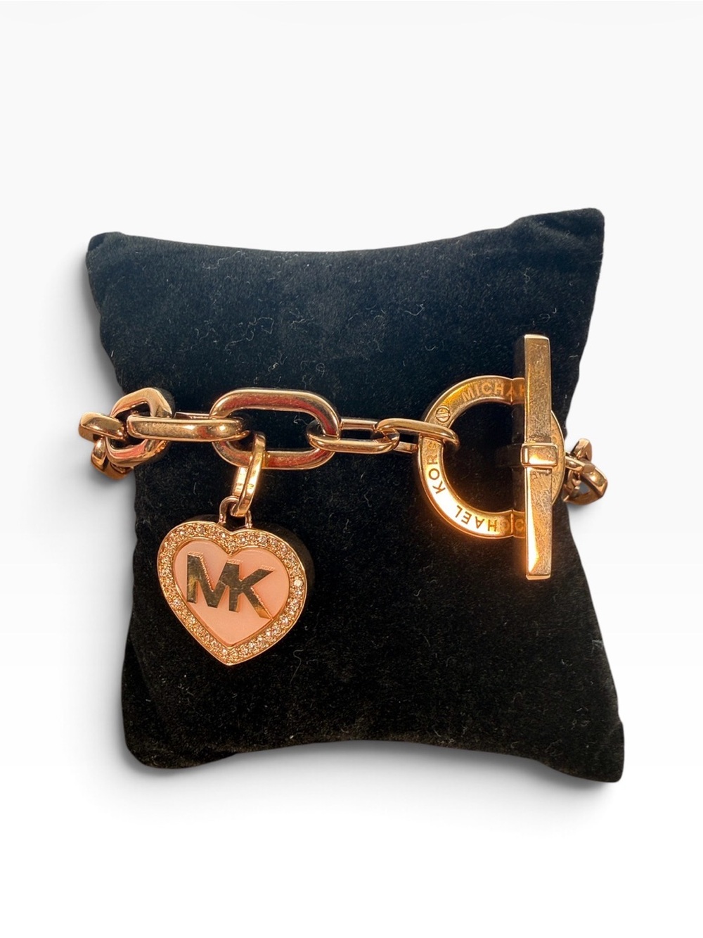 Michael Kors Rose Gold-Tone Pavé Logo Heart Toggle Bracelet
